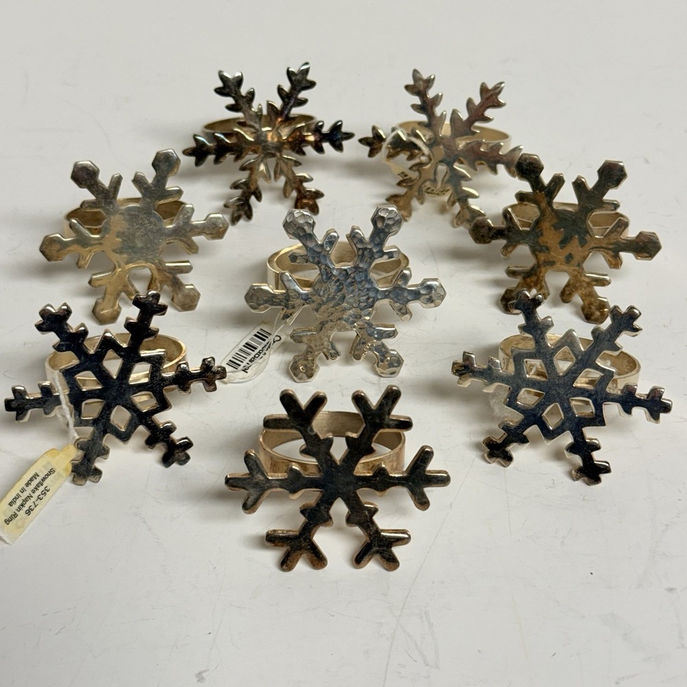 Vintage Crate & Barrel Snowflake Napkin Rings Silver Plated Lot of  8